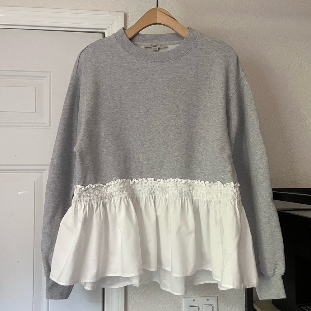 ALLSAINTS heather grey cotton crew neck ruffle peplum‎ hem cropped boxy crew